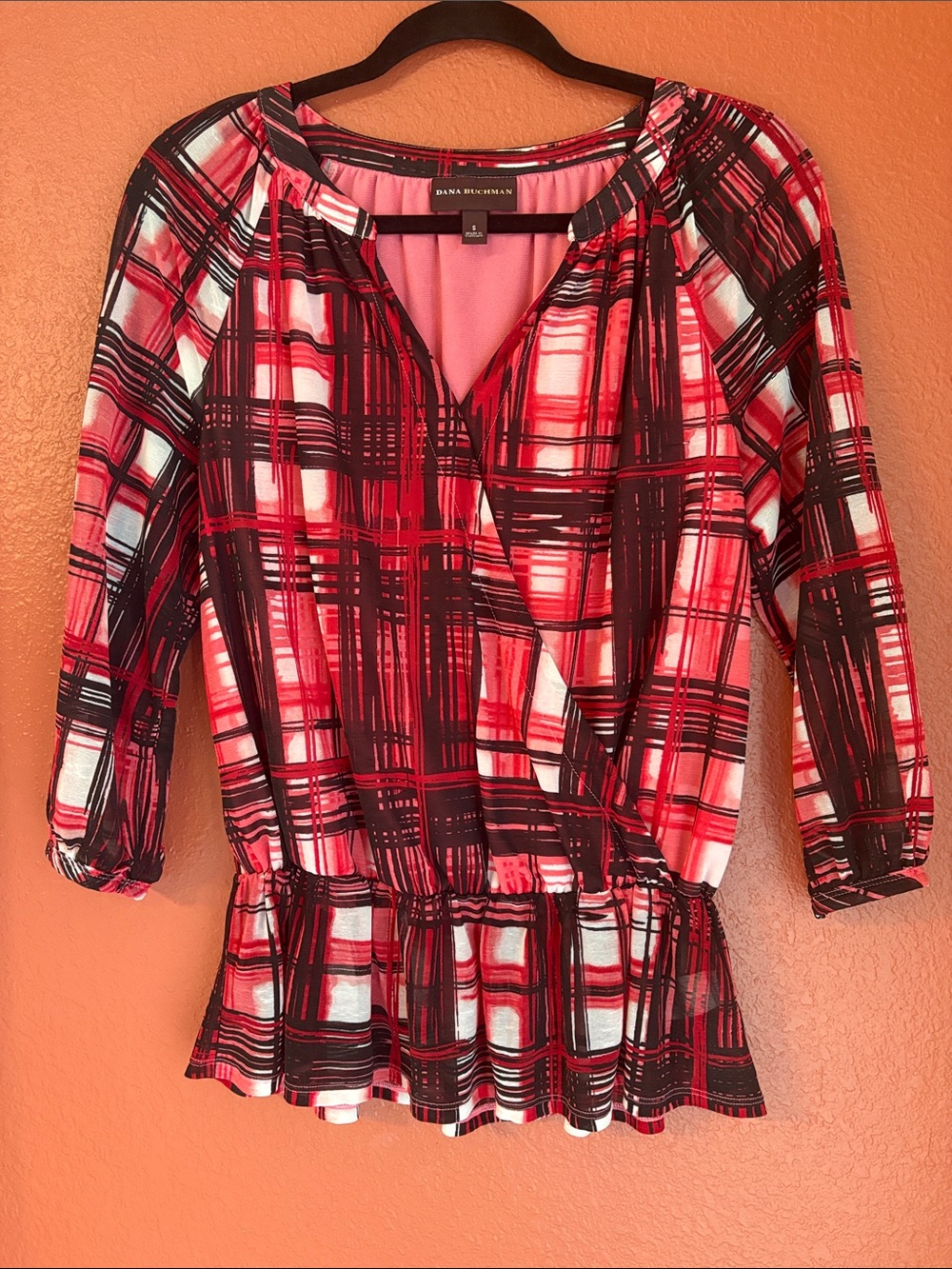 Dana Buchman Red, Black and White Plaid Wrap-Style Peplum Blouse